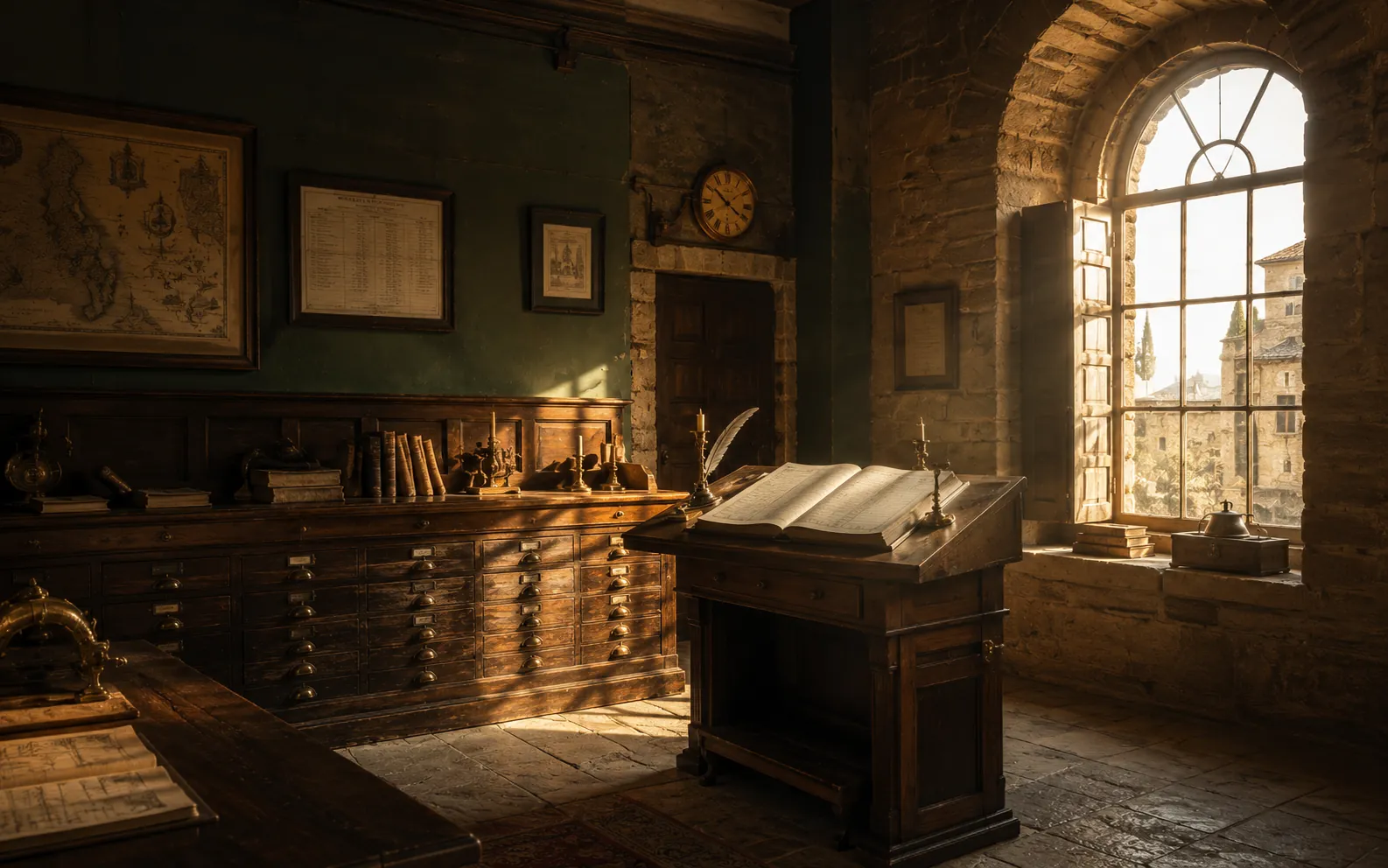 Interior of a stone-built late-Victorian counting room with arched window pouring golden light — the quiet European forecasting house.
