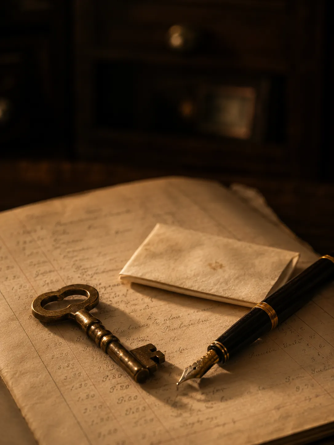 Antique brass house key, fountain pen, and a folded vellum letter on aged cream paper — the you-are-about-to-begin moment.