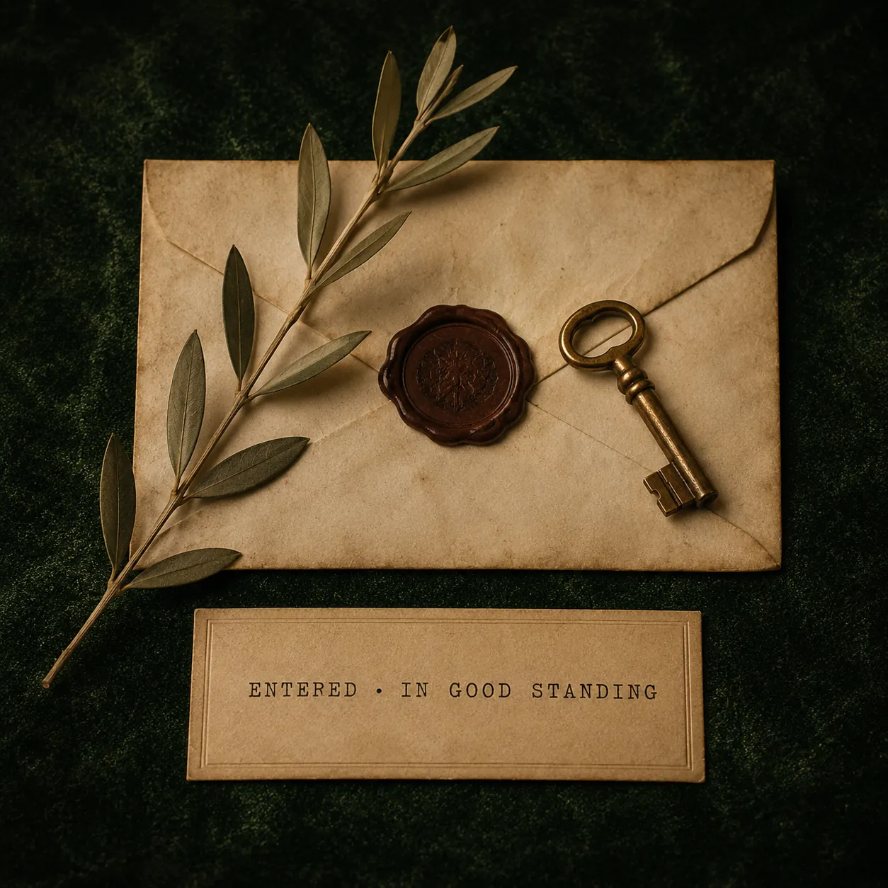 Antique brass skeleton key on emerald velvet with letterpress card reading ENTERED · IN GOOD STANDING — your account, sealed.
