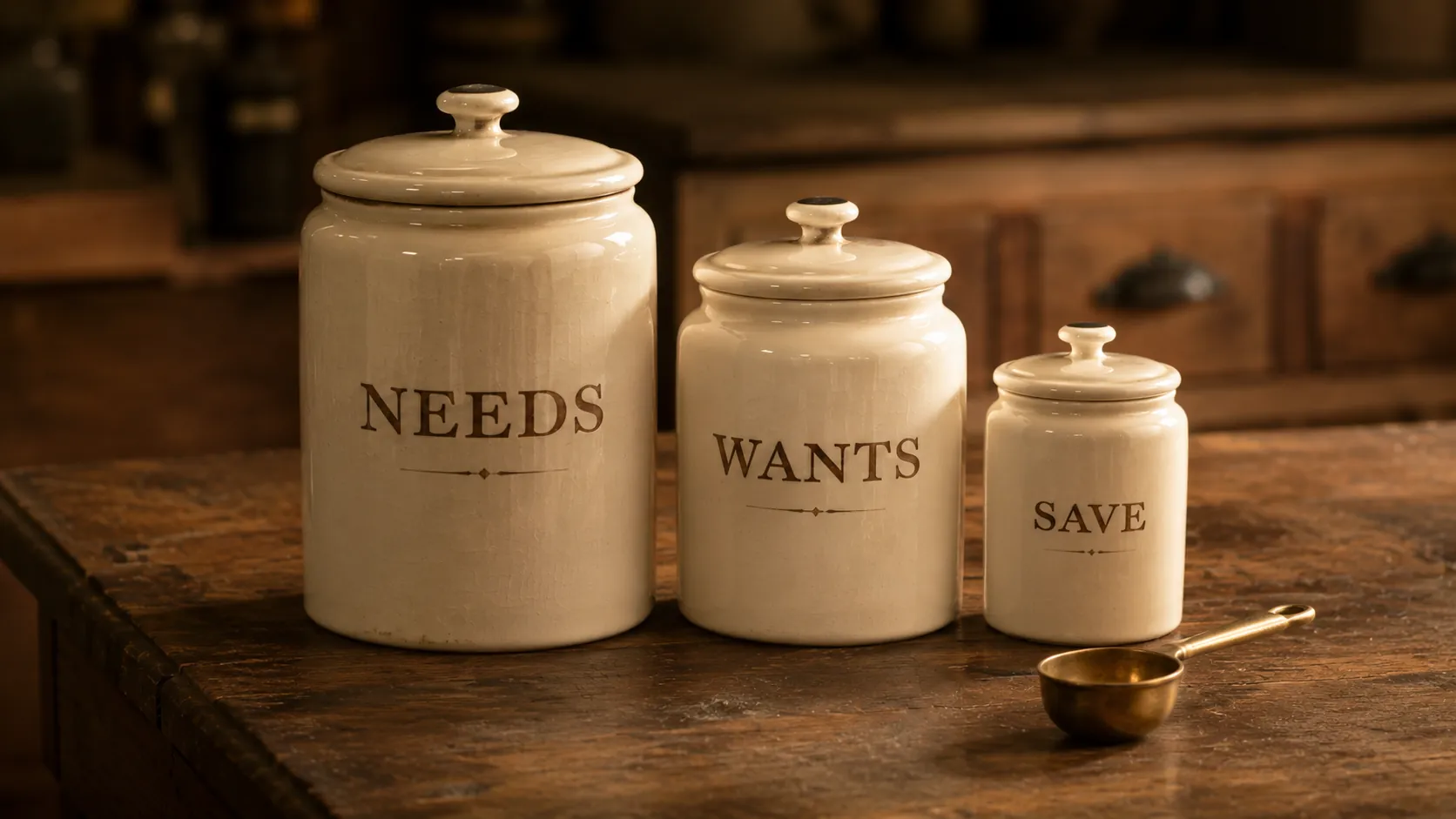 Three cream porcelain jars labeled NEEDS, WANTS, SAVE on a wooden kitchen counter — the 50/30/20 rule as household ritual.
