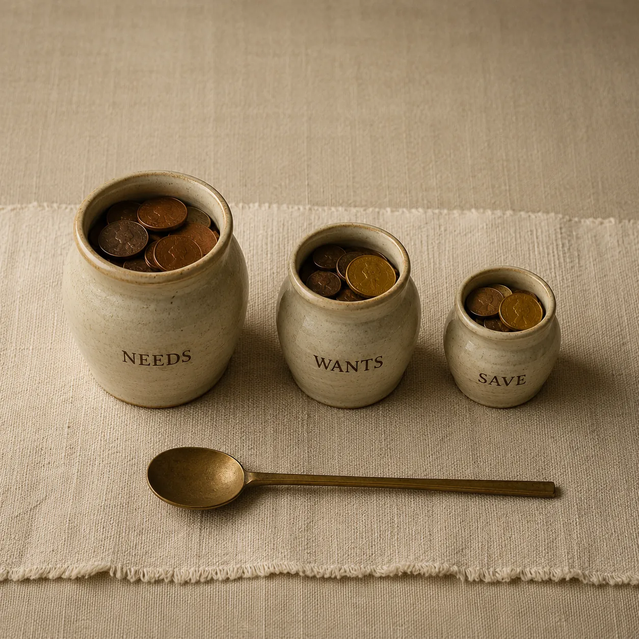 Three cream porcelain jars labeled NEEDS, WANTS, SAVE in letterpress chestnut ink on hand-torn linen — the rule made tactile, no charts.