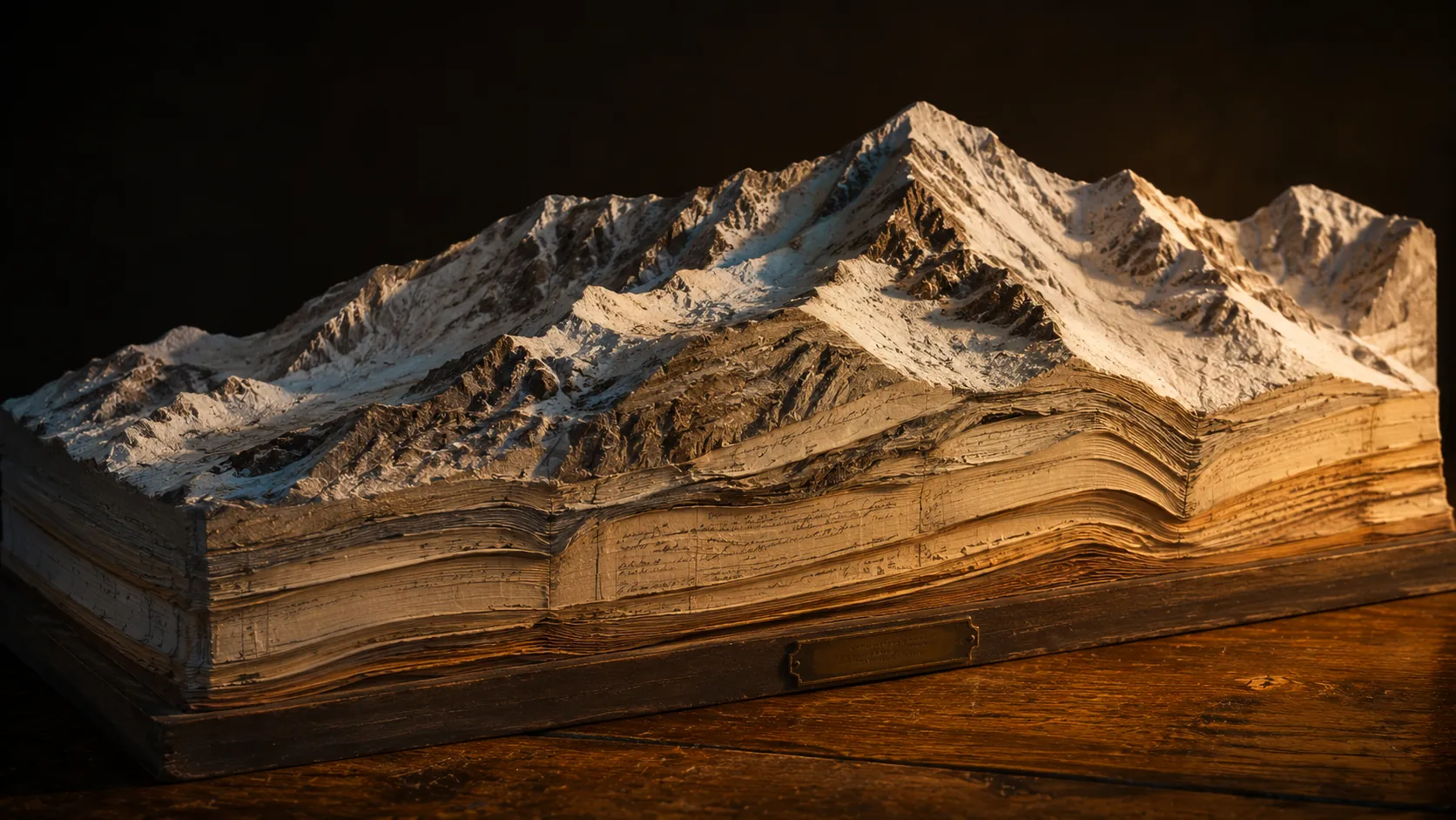 Snowy mountain cross-section diorama with debt ledger papers in the bottom strata — the avalanche method made literal.