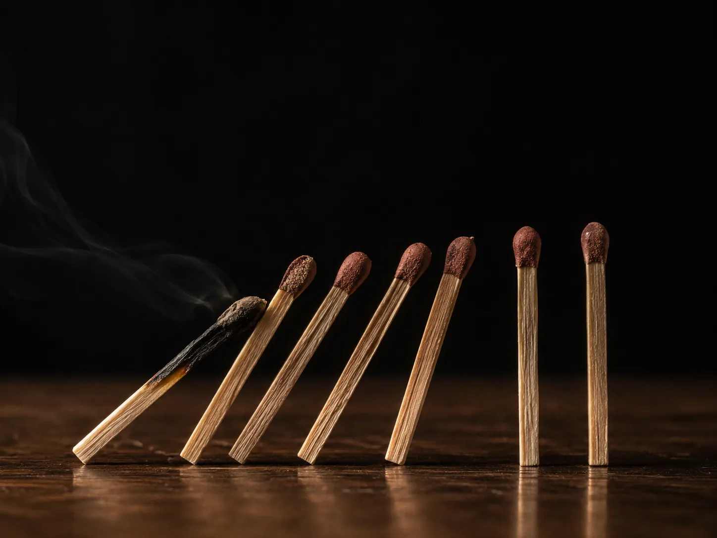 A row of seven wooden matches mid-cascade on walnut — the avalanche metaphor made tactile.