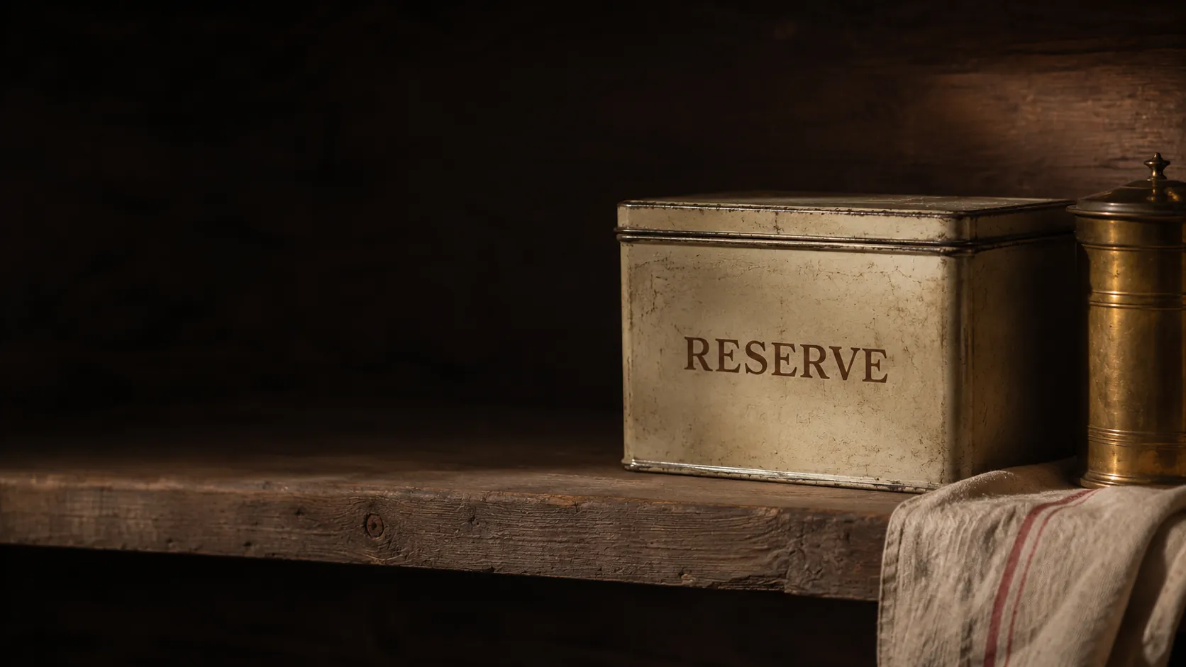 Antique tin labeled RESERVE on a wooden kitchen shelf in warm light — emergency fund as household ritual.