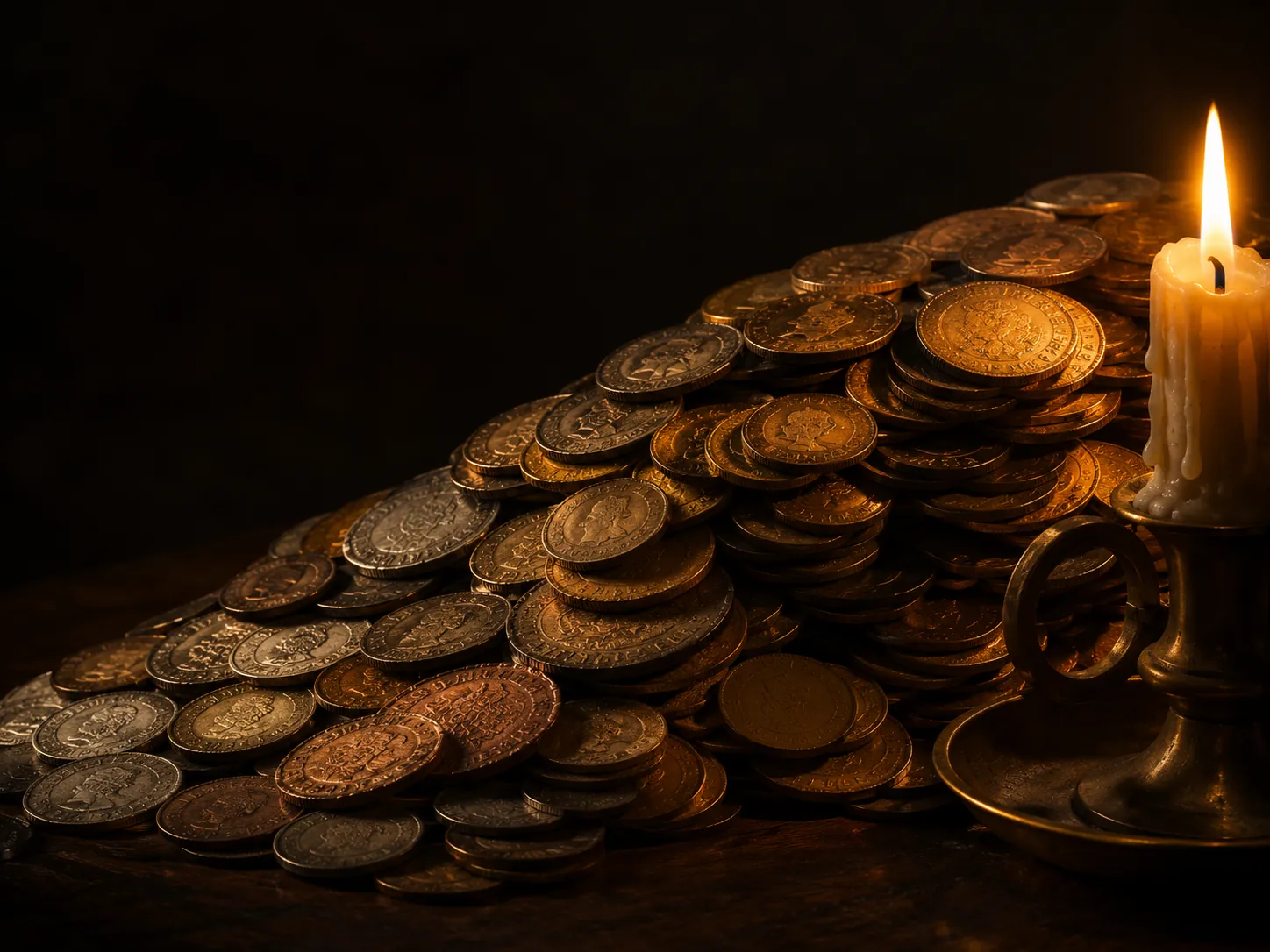 Steep slope of stacked period coins under candle flame casting chiaroscuro — the avalanche method, story-led not chart-led.