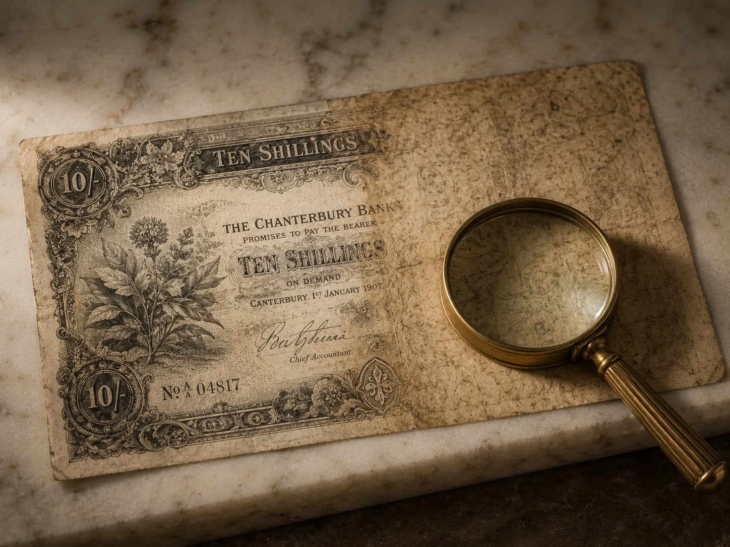An ornamental ten-shilling-style banknote on marble, the right half faded sepia, the left half legible — a brass loupe resting on the decay.