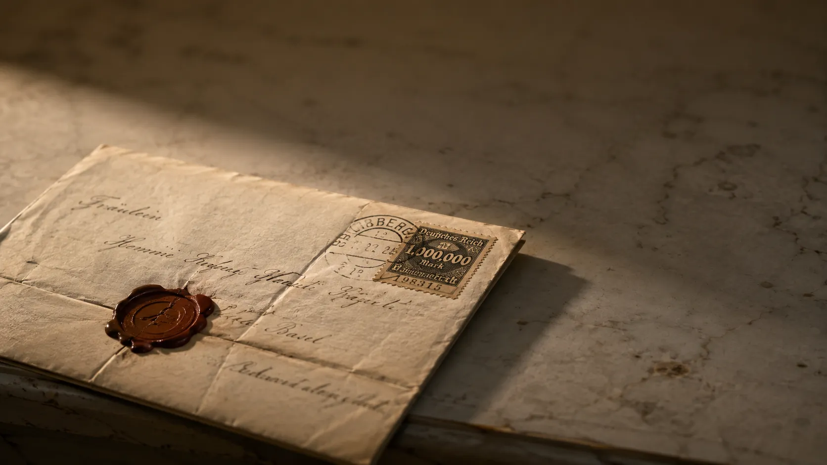 Wax-sealed letter from 1923 with a 1,000,000 Mark hyperinflation stamp on marble — the historical artifact of inflation.