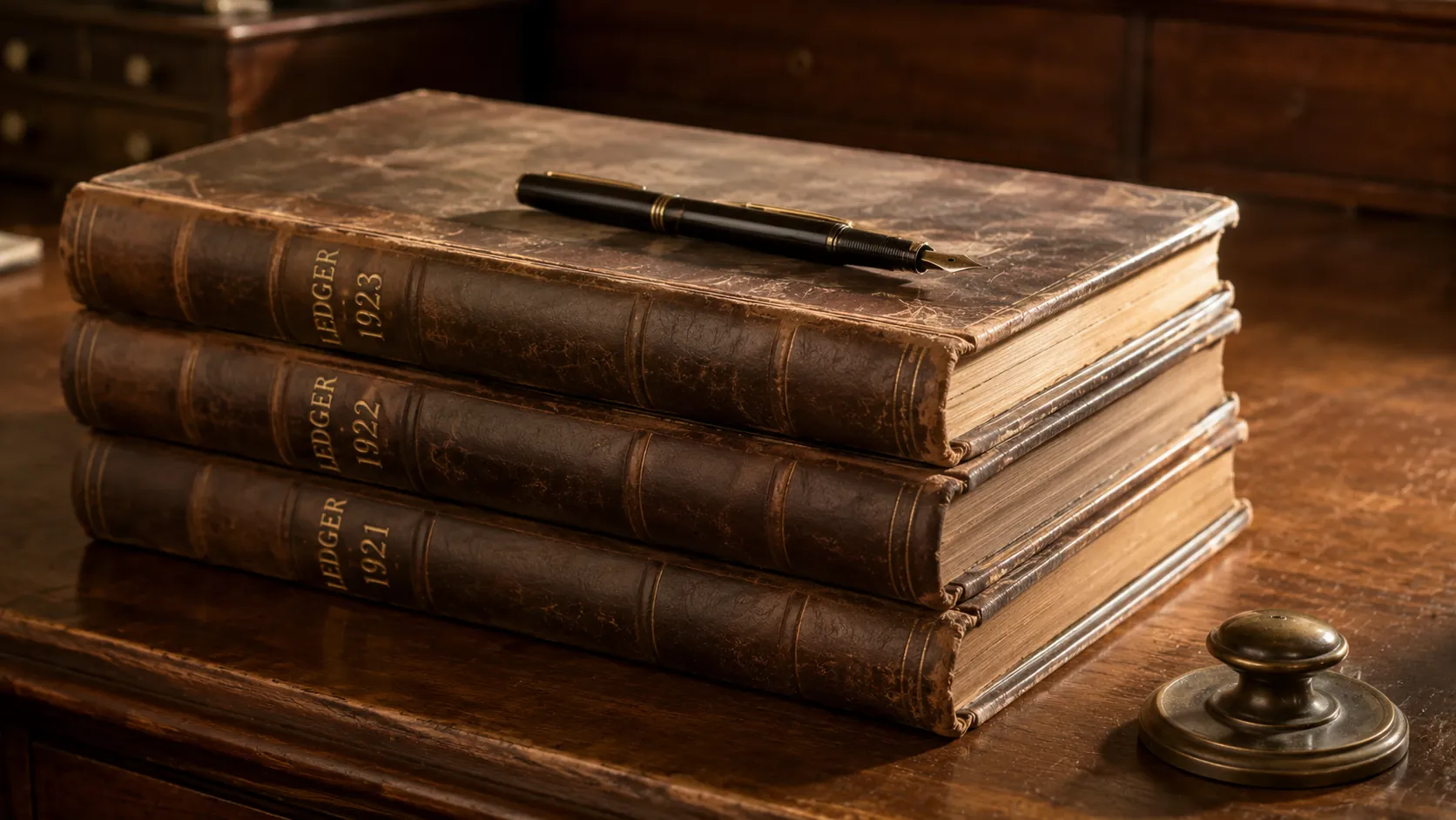 Three leather-bound ledgers stacked horizontally on walnut with a fountain pen across the top — net worth as the archive.