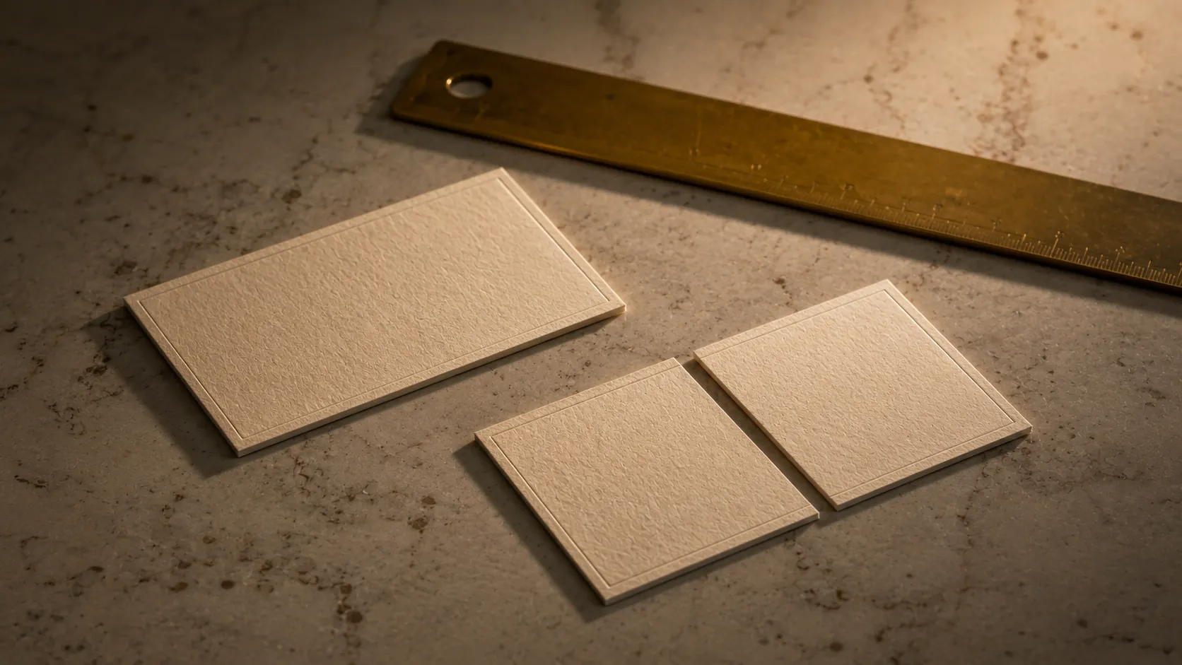 Two cream business cards on polished marble, one pristine, one cut in half — the inadequate offer made visible.