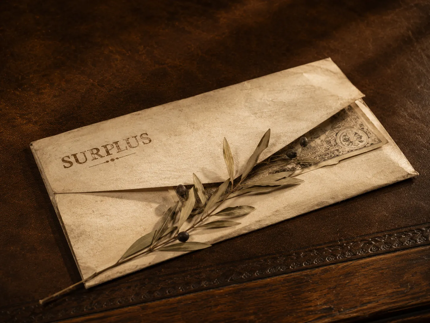 An aged cream envelope flap lifted to reveal an ornamental banknote corner and a dried olive sprig, letterpress SURPLUS stamp at upper-left.