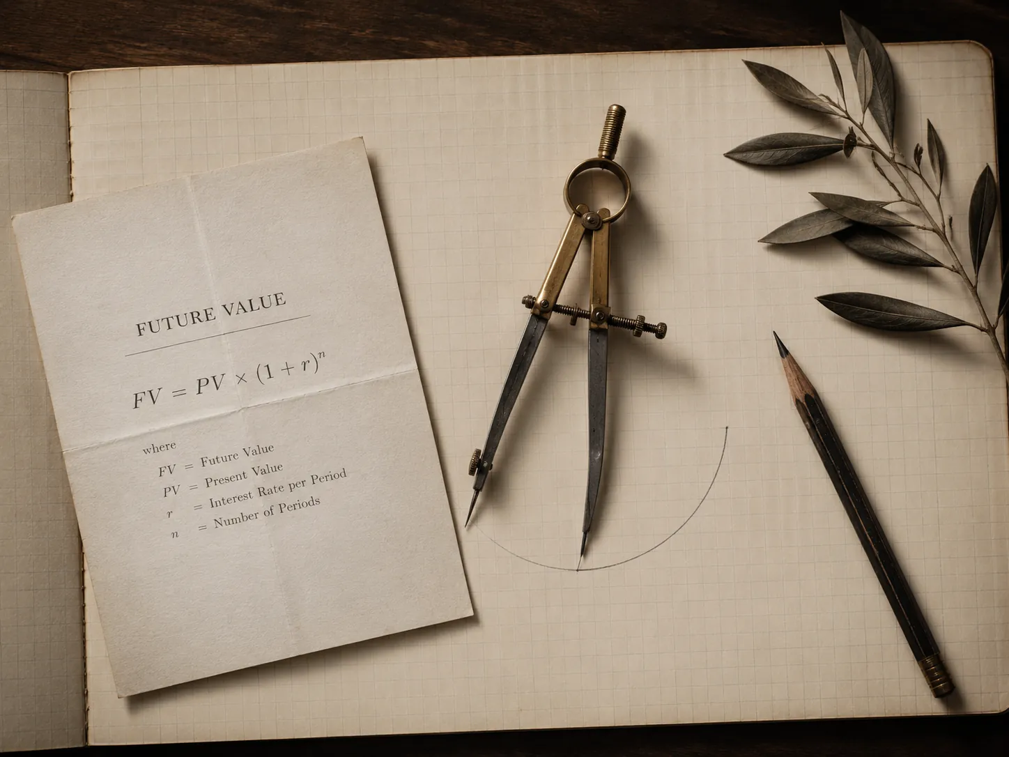 A brass drafting compass mid-draw on ivory grid paper, beside a folded sheet showing the future-value formula.