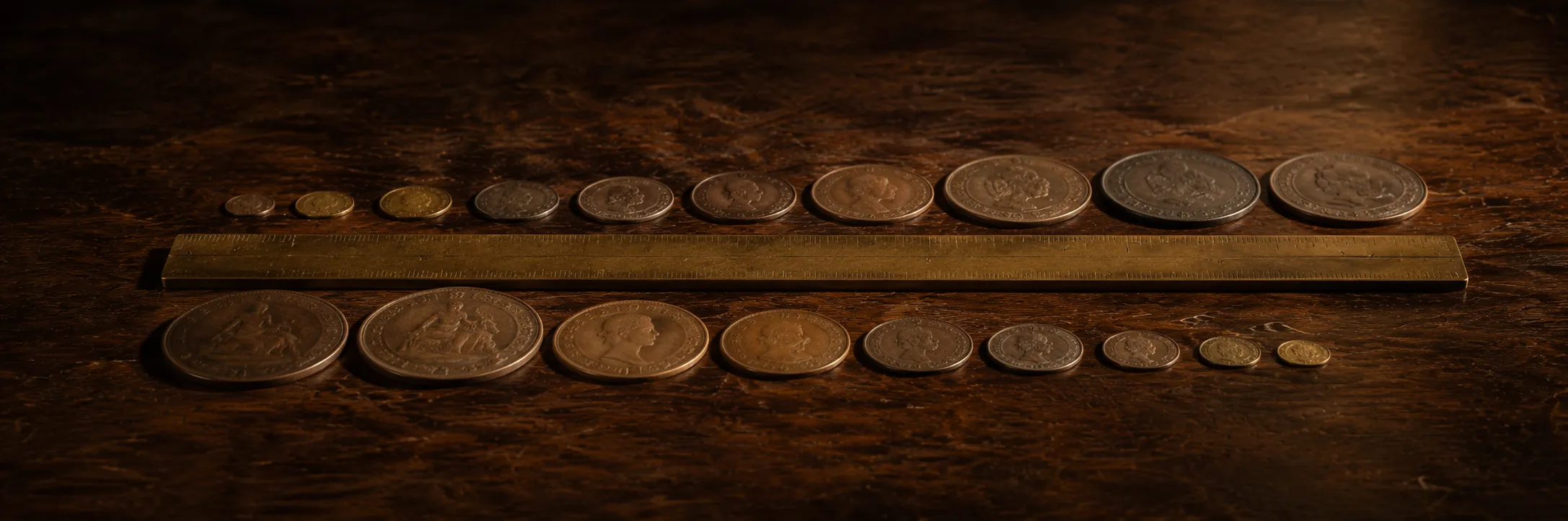 Two parallel rows of period coins on walnut — left graduated largest-to-smallest, right inverted, a brass ruler across the midline. Two methods compared as objects.