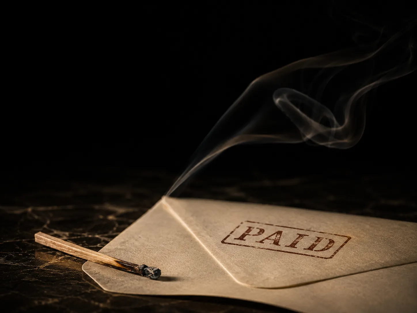 Snuffed wooden match beside an envelope stamped PAID — debts on the verge of being put to rest.