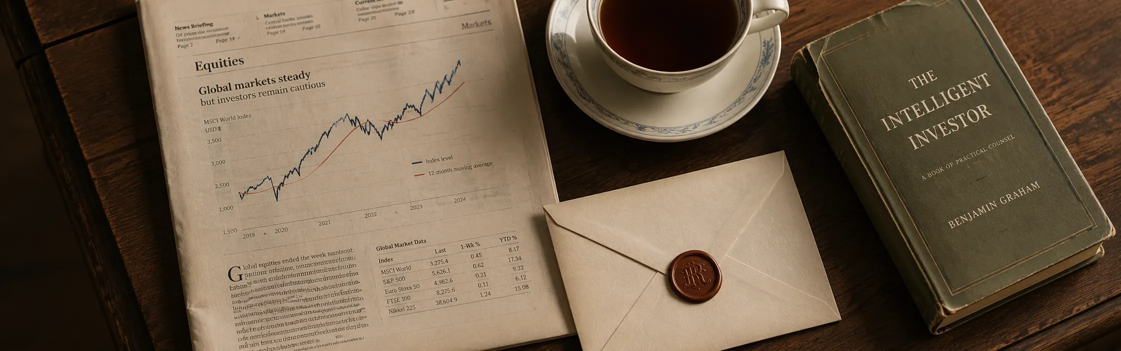 Corner of a walnut desk with a folded financial broadsheet, black tea in a porcelain cup, a wax-sealed envelope, and a worn copy of The Intelligent Investor.