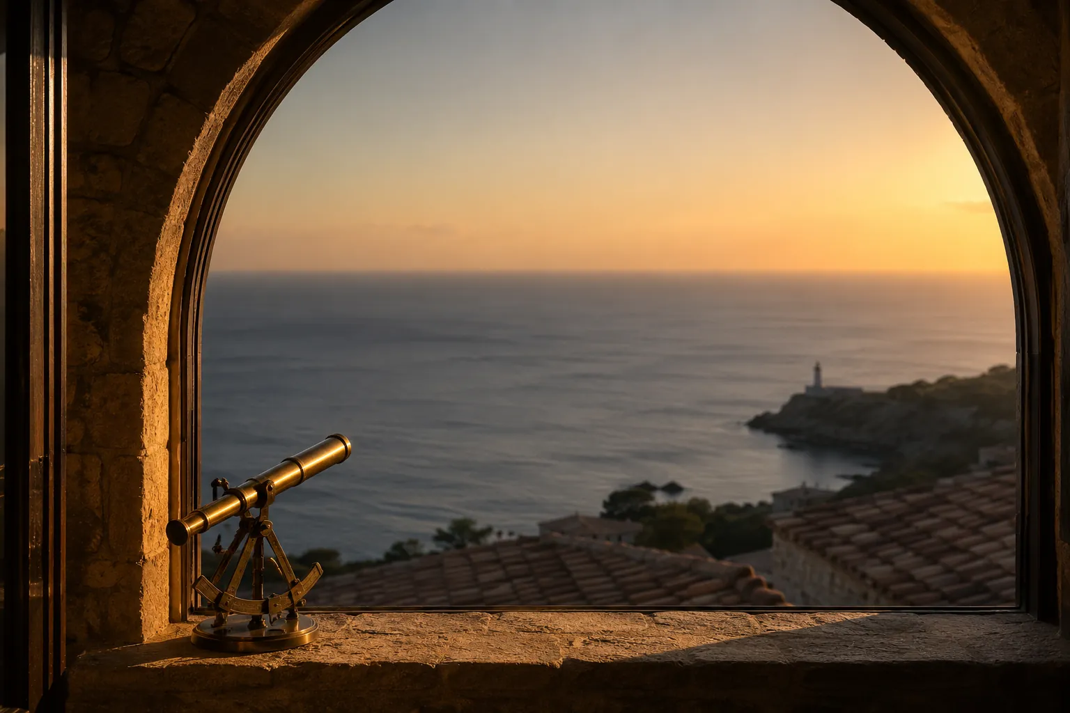 Distant lighthouse seen through an arched Mediterranean window at dusk — what you walk toward.