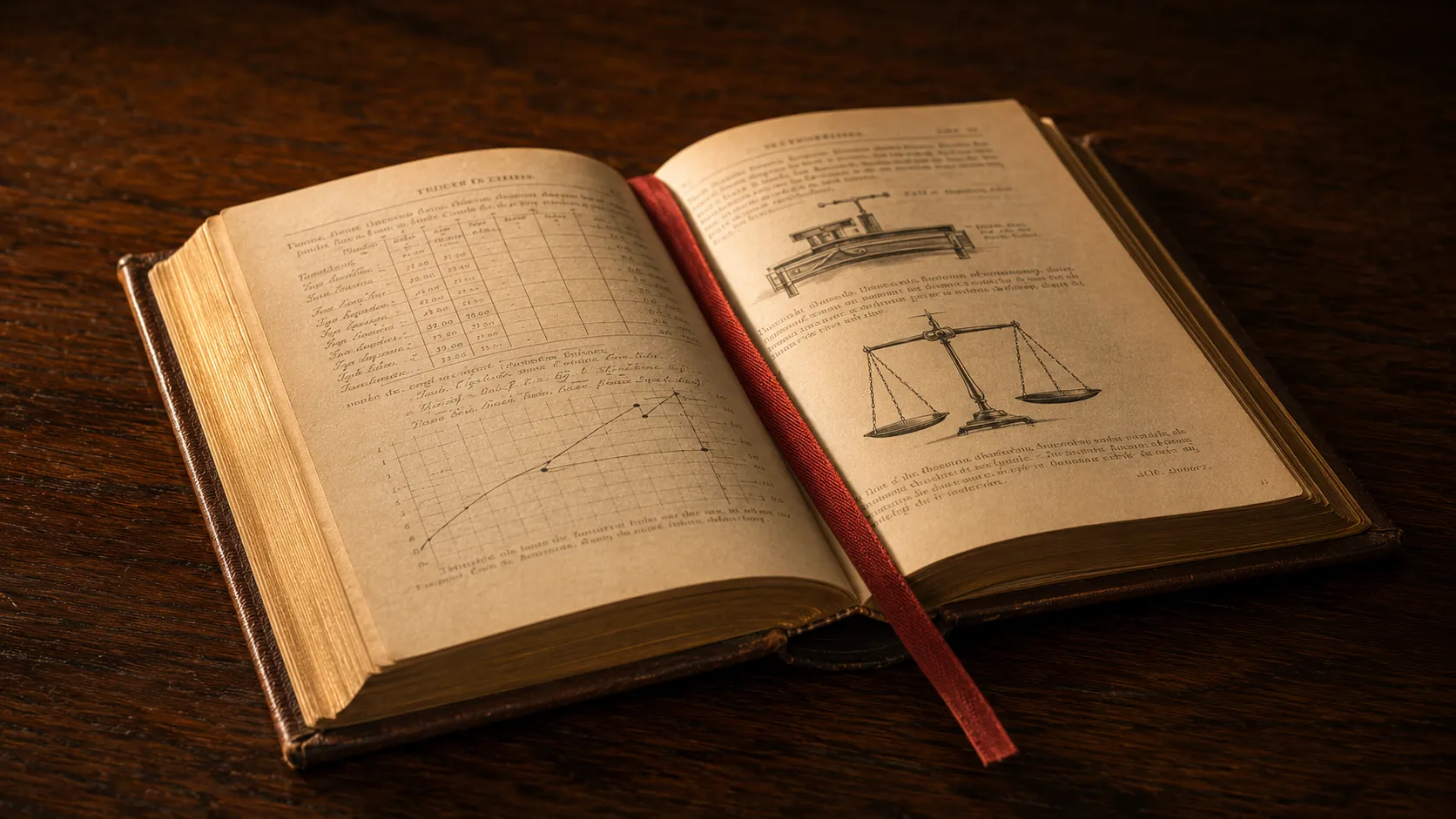 Small leather-bound reference manual open with a red silk ribbon bookmark — the help page as a vade mecum.