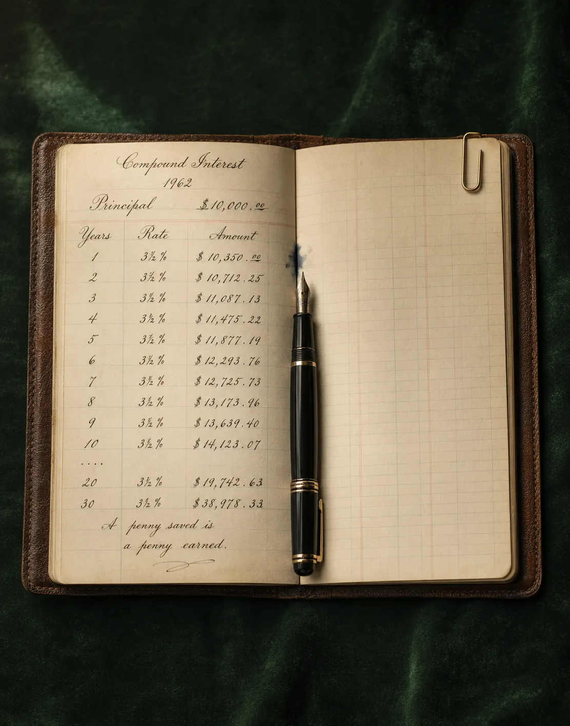 A leather-bound 1962 bank ledger open on emerald velvet, showing hand-written compound-interest figures and a vintage fountain pen.