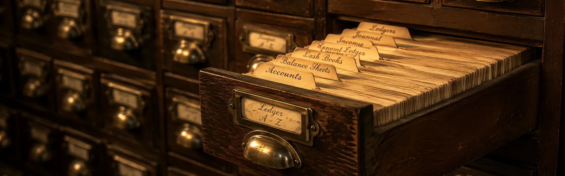 Library card-catalog drawer pulled half-open with manila tabs — your full history rendered as a real archive.