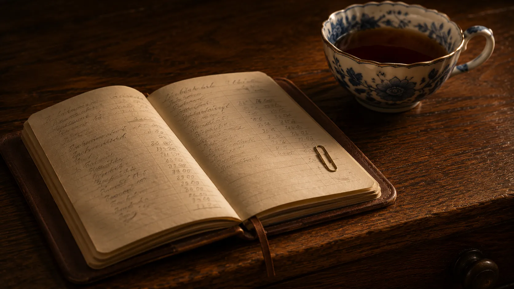 Open notebook beside a cobalt-edged teacup — reading and reflection on money.