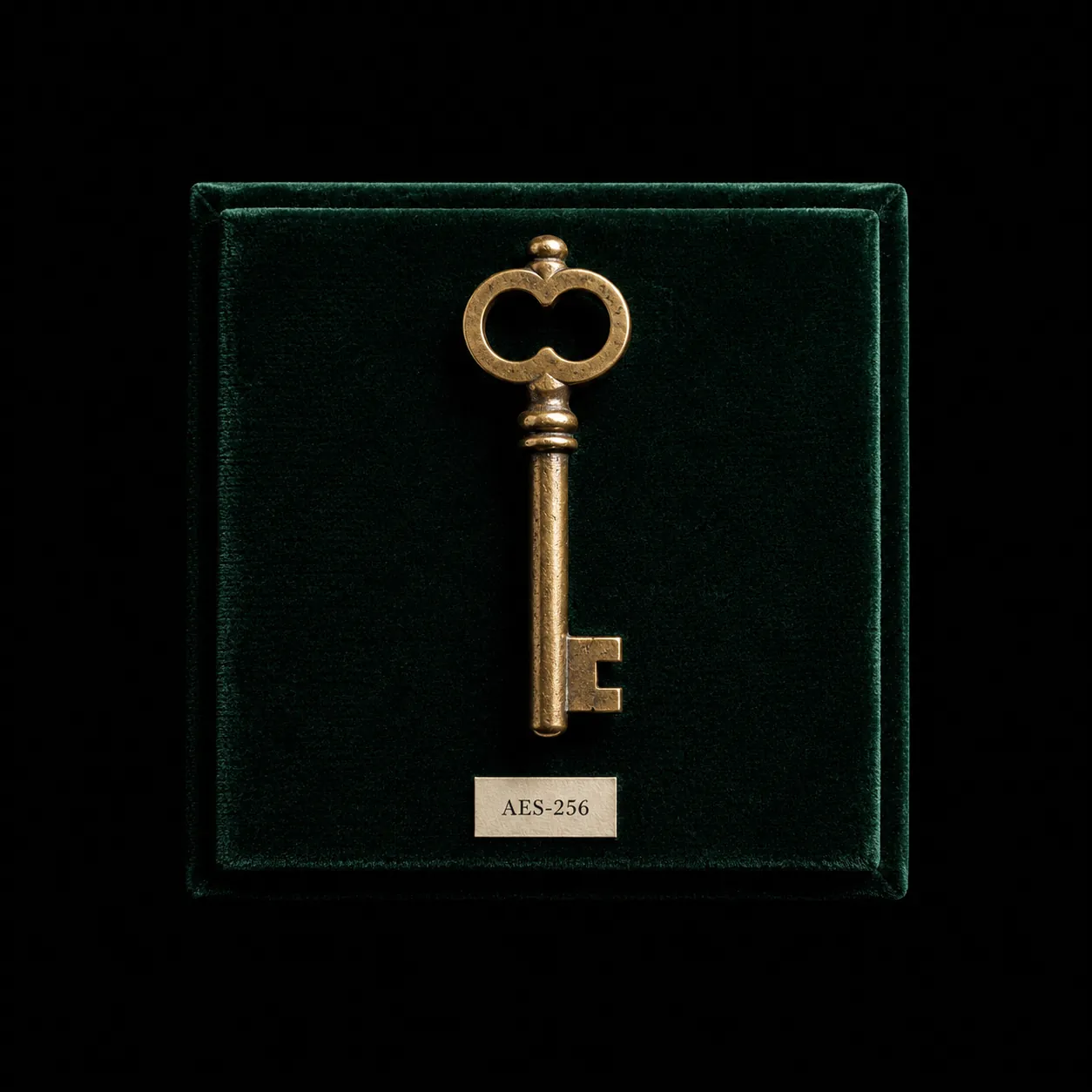 An antique brass skeleton key on ink-emerald velvet with a small letterpress card reading AES-256.