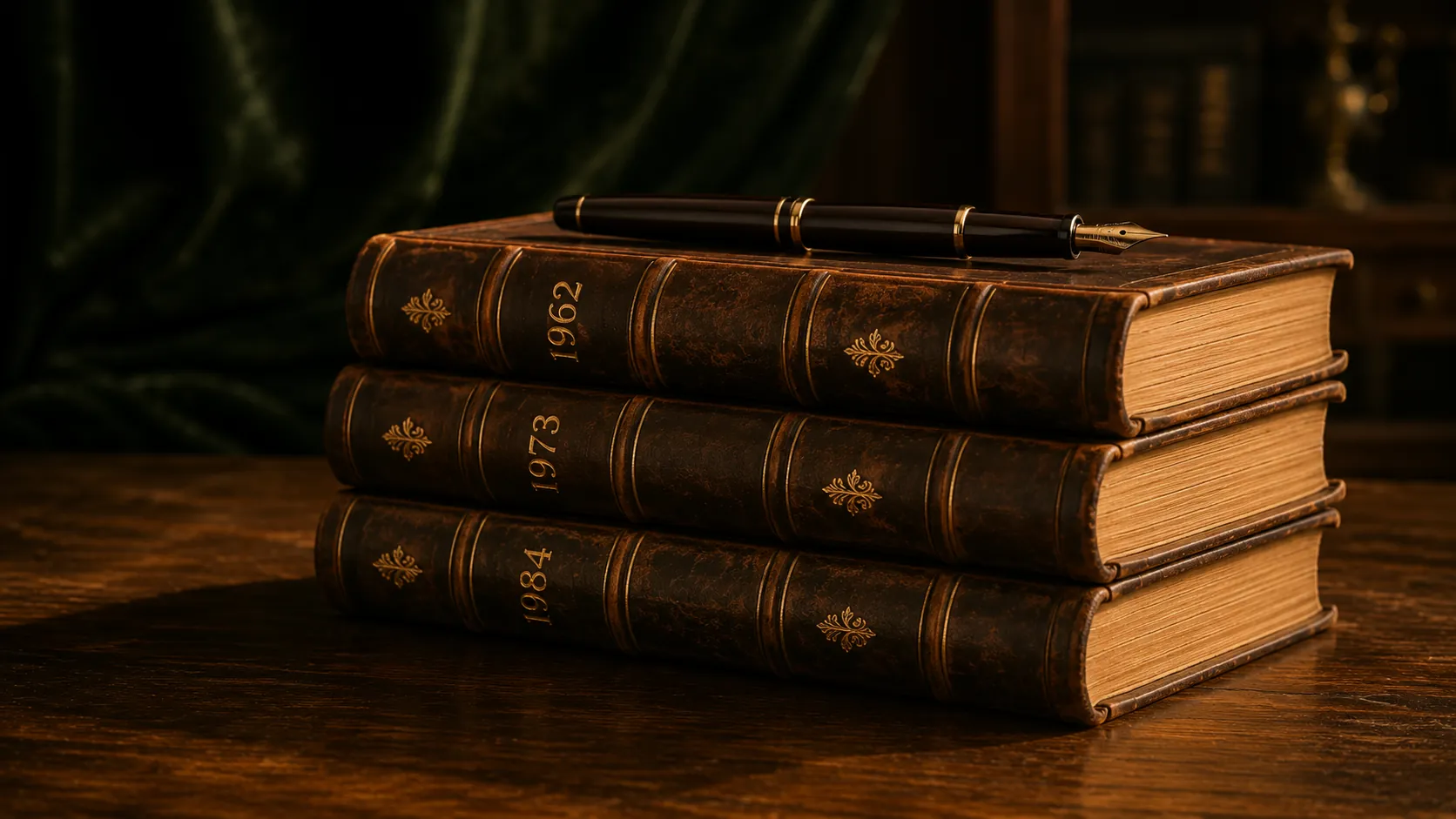 Three leather-bound ledgers stacked spines-facing-camera on walnut desk, gilt years readable — the archive made physical.