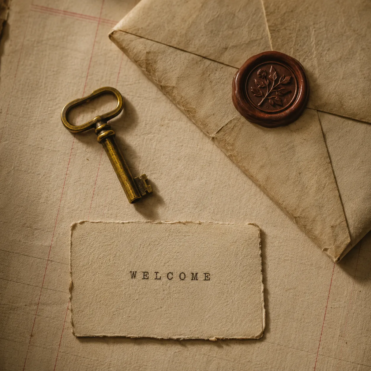 Antique brass skeleton key resting beside a chestnut-wax-sealed vellum envelope on aged ivory paper — your account, sealed.
