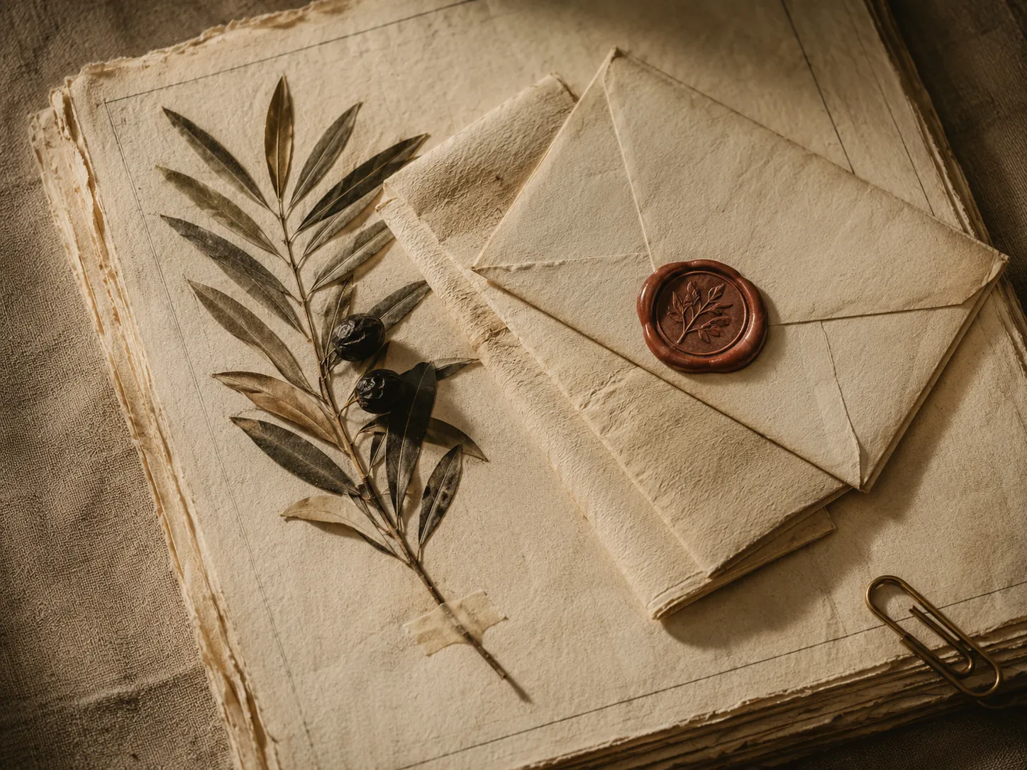 Pressed olive sprig, two folded ivory letters, and a chestnut-wax-sealed envelope arranged on hand-torn cream linen paper — quiet welcome.