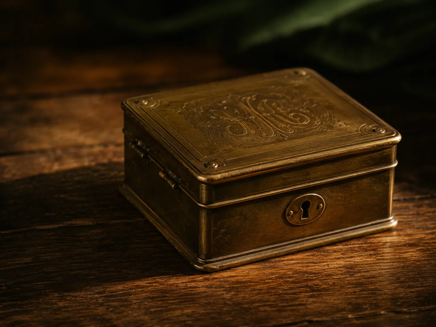 Closed brass-bound deposit box on aged oak — the vault before anything goes in.