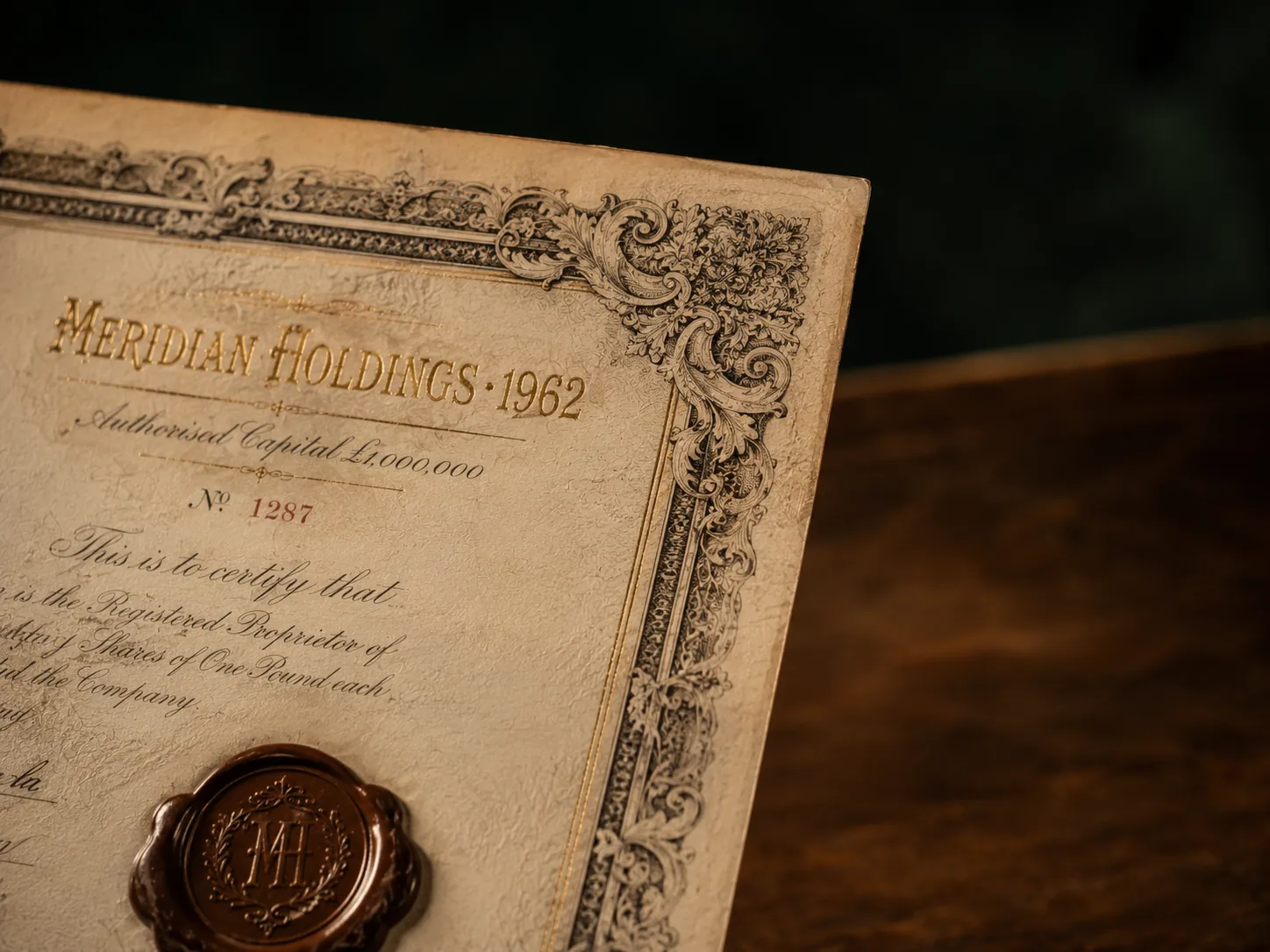 Single antique paper share certificate corner on aged ivory paper with steel-engraved acanthus border, gilt-stamped MERIDIAN HOLDINGS 1962 header and chestnut wax seal — one position, examined.