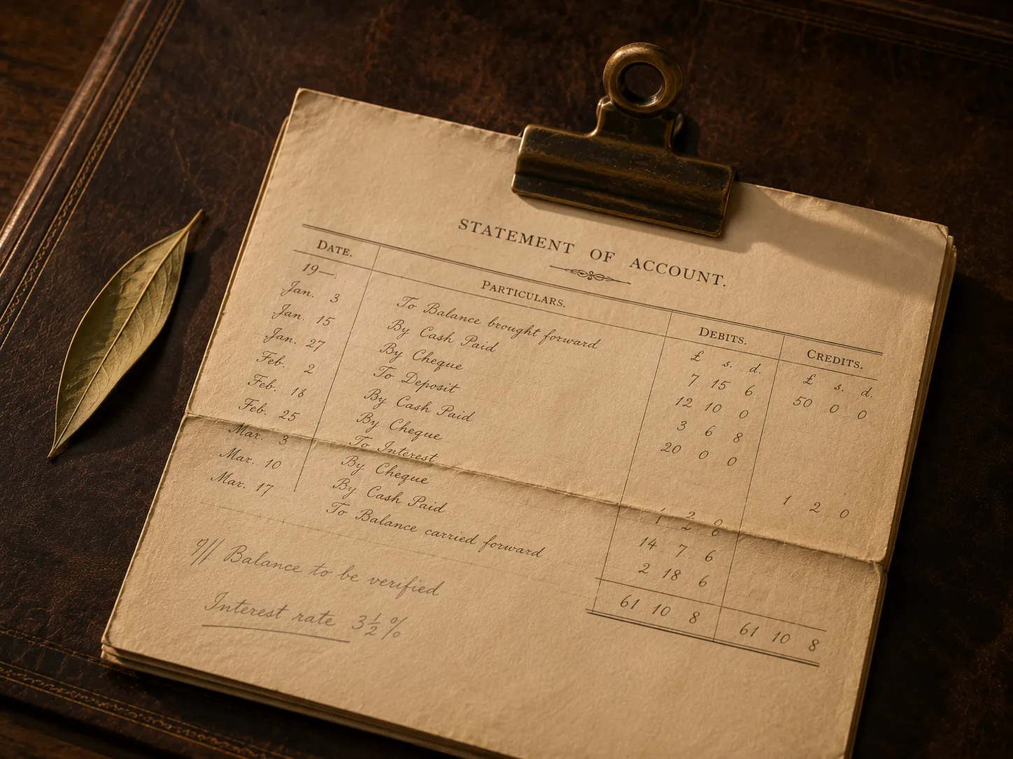 Folded period bank statement held in a brass clip with pencil annotations — the artifact this feature ingests.