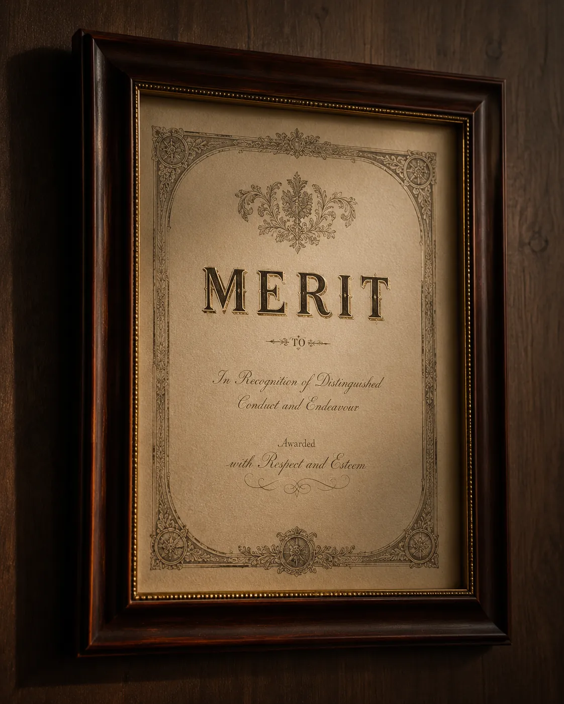Framed letterpress merit certificate on aged ivory — the report card as an heirloom.