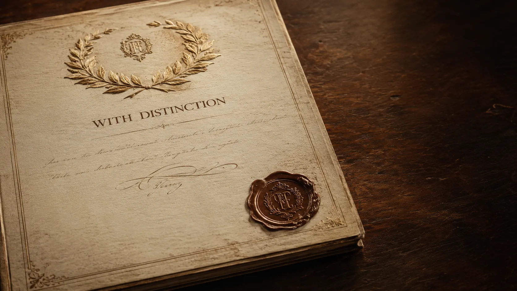 Heirloom letterpress merit certificate on aged ivory linen with gilded olive-wreath border and chestnut wax seal — the report card as an heirloom.