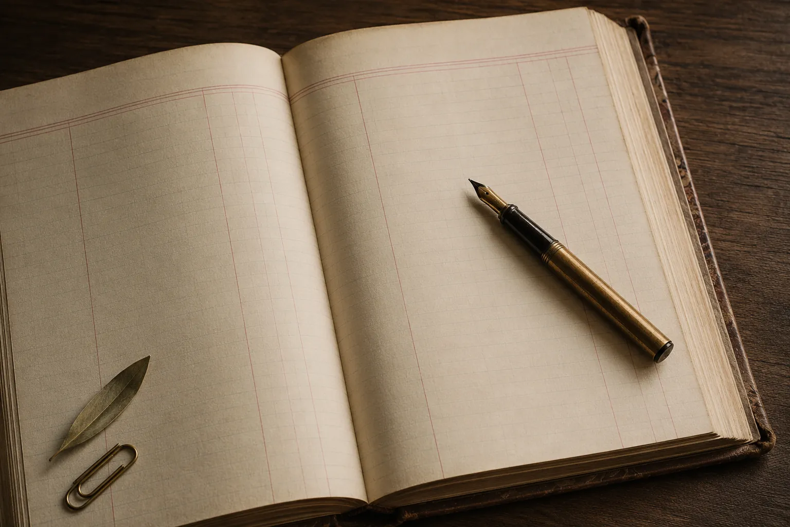 Open blank ledger page with fountain pen across the right page — the page is receptive, not blank.