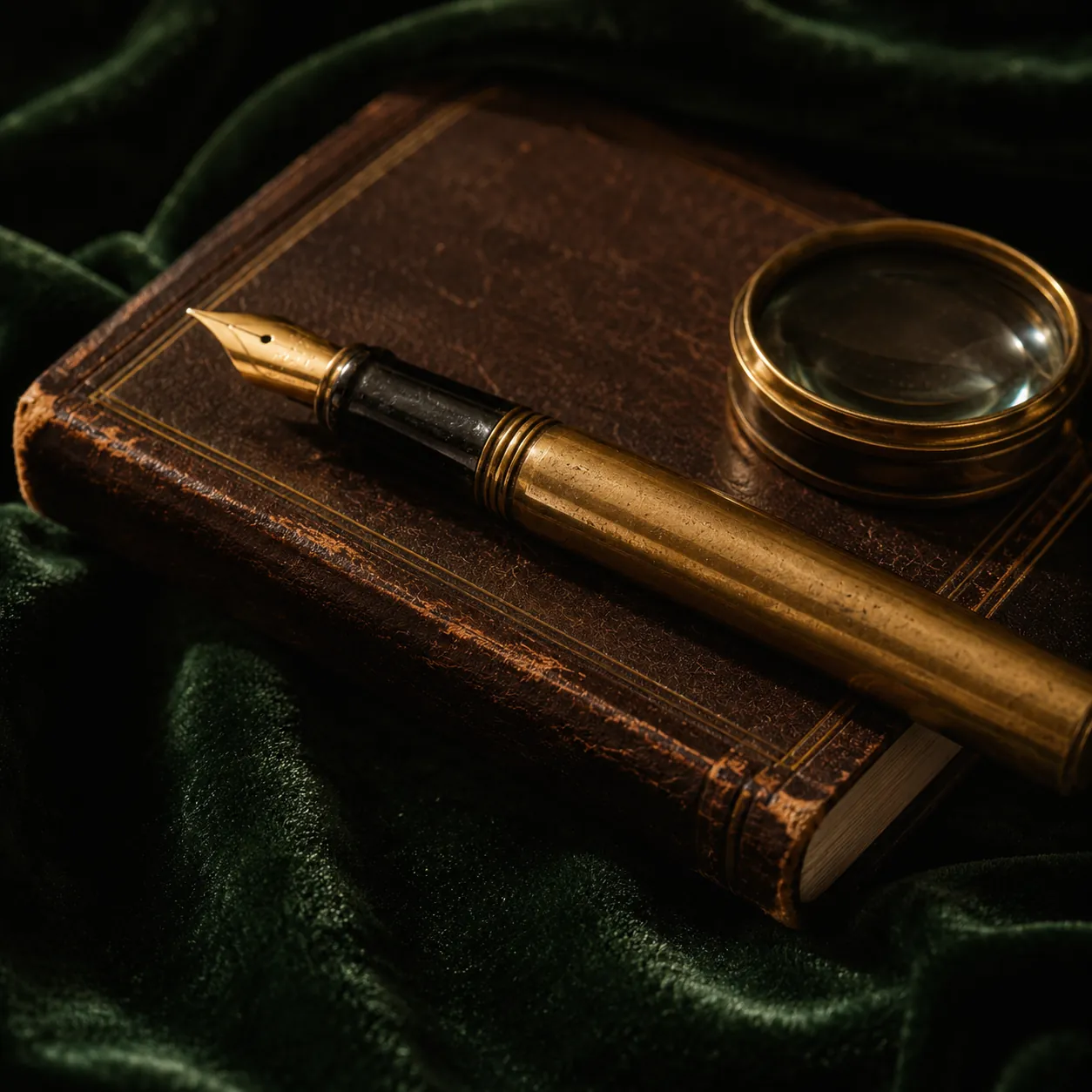 Brass-banded fountain pen laid across a leather-bound notebook on emerald velvet — Sage as patient counsel.