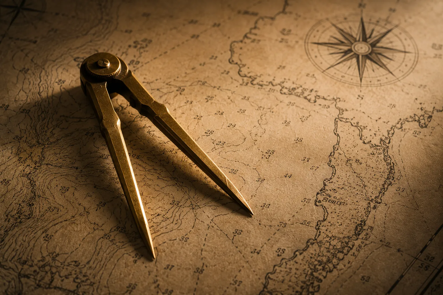 Antique brass navigation dividers mid-step across an aged nautical chart — measuring possible futures.
