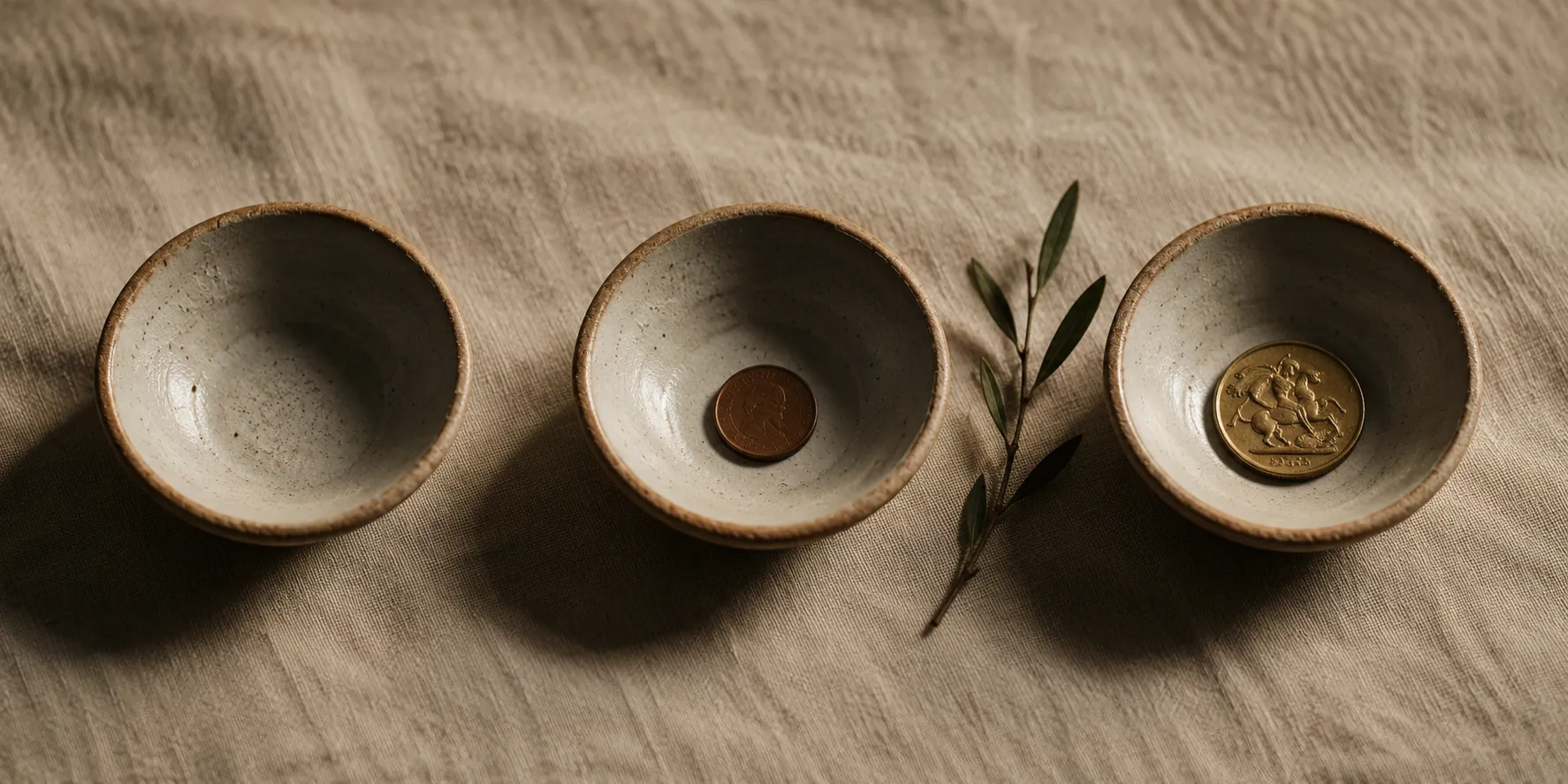 Three ceramic bowls in a row on linen — empty, a single bronze coin, and a tarnished gold sovereign with an olive sprig between.